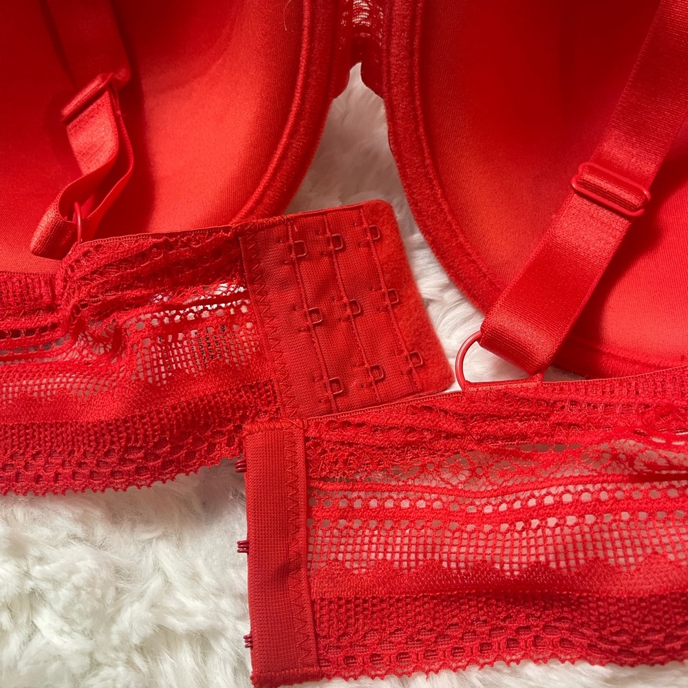 NWT Ashley Stewart Red Strappy Cage Plunge Underwire Lace Bra 38C - Picture 14 of 15